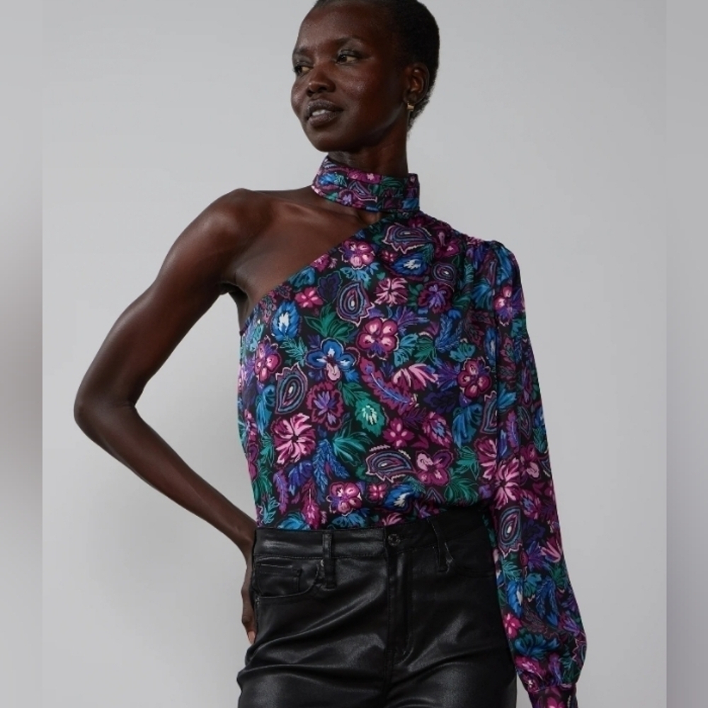 New York & Company One Shoulder‎ Floral Blouse Mock Neck Asymmetrical Top Size M